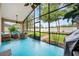 Spacious screened-in patio with comfortable seating and views of the backyard at 13523 Meadow Golf Ave, Hudson, FL 34669