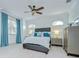 Bright bedroom featuring a large window, neutral palette, and ceiling fan, offering comfort and elegance at 1411 Tessano Pl, Palm Harbor, FL 34683