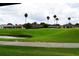 Expansive backyard view showcasing a well-maintained lawn and a picturesque pond, framed by elegant palm trees at 29435 Snap Hook Dr, San Antonio, FL 33576