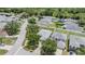 Aerial view of a quiet residential street with well-maintained homes and lush trees, showcasing neighborhood charm at 5334 Tummel Ct, Wesley Chapel, FL 33545