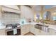 Bright kitchen features stainless steel appliances, cream cabinets, and a farmhouse sink under a large arched window at 9800 Sago Point Dr, Seminole, FL 33777