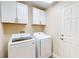 Well-lit laundry room featuring white appliances and cabinets for ample storage space at 9800 Sago Point Dr, Seminole, FL 33777