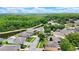This aerial perspective highlights the home's location within a serene community, surrounded by a lush forest and a tranquil pond at 10621 Ribbon Fern Way Way, Land O Lakes, FL 34638