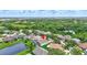 Aerial view of a home with a pool in a green neighborhood near a pond and trees at 10734 Banfield Dr, Riverview, FL 33579