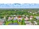 A bright aerial view of a home near a pond and many lush green trees in the neighborhood at 10734 Banfield Dr, Riverview, FL 33579