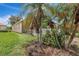 Charming backyard view features tropical plants and landscaping, with a view of the screened lanai at 10734 Banfield Dr, Riverview, FL 33579