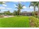 Lush backyard with pool area, decorative landscaping, and well-manicured lawn at 11603 Heron Watch Pl, Riverview, FL 33569