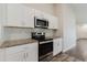 Modern kitchen featuring stainless steel appliances, granite countertops, and stylish white cabinetry at 13016 Boggy Creek Dr, Riverview, FL 33579