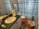 Traditional bathroom featuring a single sink with green countertop and colorful shower curtain at 16134 Ravendale Dr, Tampa, FL 33618