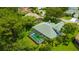 Drone view of home, showcasing a pristine screened pool, lush landscaping, and a well-manicured lawn at 16317 Colwood Dr, Odessa, FL 33556
