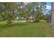 Beautiful backyard with mature trees, lush green grass, and tranquil pond views at 16317 Colwood Dr, Odessa, FL 33556