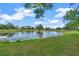 Picturesque view of a serene pond surrounded by lush greenery and a clear blue sky at 16317 Colwood Dr, Odessa, FL 33556