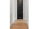 A hallway with light wood flooring features white walls with traditional trim and a dark colored accent door at 8752 Loft Pt, Wesley Chapel, FL 33545