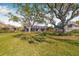 Expansive backyard featuring mature trees, lush green lawn, and a screened-in patio offering a serene outdoor space at 9011 Baywood Park Dr, Seminole, FL 33777