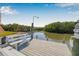 Wooden dock on calm waters, with seating and fishing options along with lush vegetation in the background at 9011 Baywood Park Dr, Seminole, FL 33777