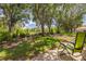 Beautiful backyard featuring lush green grass, mature trees, and inviting seating on a paved patio at 11078 Heathrow Ave, Spring Hill, FL 34609