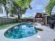 Inviting backyard with a sparkling pool, lush greenery, and a covered outdoor kitchen area for ultimate relaxation at 11525 Country Oaks Dr, Tampa, FL 33618