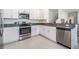 Stylish kitchen with stainless steel appliances and granite countertops, complemented by white cabinetry at 17592 Nectar Flume Dr, Land O Lakes, FL 34638