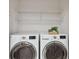 This laundry room features a washer, dryer, and upper wire shelving at 19409 Weymouth Dr, Land O Lakes, FL 34638