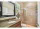 Bathroom showcasing a granite countertop, dark framed mirror, and a tiled glass-enclosed shower at 32015 Summerglade Dr, Wesley Chapel, FL 33545