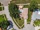 Aerial view of a well-maintained home featuring a fenced backyard, a covered patio, and a driveway at 3242 Brushwood Ct, Clearwater, FL 33761