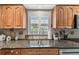 Close-up of the kitchen sink featuring granite countertops and wood cabinets at 3673 Fremantle Dr, Palm Harbor, FL 34684
