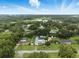 Wide aerial view showing a single-Gathering home with pool, sheds, fencing, and mature trees in a quiet community at 37331 Hickory Hill Ln, Dade City, FL 33525