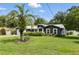 Charming single-story home with a dark blue exterior, a manicured lawn, and a decorative palm tree in the front yard at 37331 Hickory Hill Ln, Dade City, FL 33525