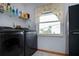 Laundry room featuring modern appliances, storage shelves, and a bright window at 624 La Jolla Ave, Sun City Center, FL 33573