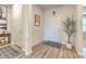 Foyer featuring decorative accents, an entry door, and wood-look flooring, providing a warm welcome at 10308 Malvasia Ave, Riverview, FL 33578