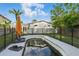 View of fenced backyard pool with tropical landscaping providing a private outdoor space at 1720 Bayou Grande Ne Blvd, St Petersburg, FL 33703