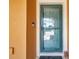 Close-up of a teal front door featuring a security screen and Ring doorbell camera at 2007 Searay Shore Dr, Clearwater, FL 33763