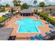 Aerial view of a community pool with lounge chairs and a covered seating area surrounded by well-maintained landscaping at 2007 Searay Shore Dr, Clearwater, FL 33763