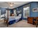 Inviting bedroom with four poster bed, ceiling fan, desk, and three bright windows at 3895 Mimosa Pl, Palm Harbor, FL 34685