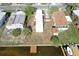 An aerial view showing a waterfront mobile home with a dock and adjacent properties at 5824 Coventry Dr, Tampa, FL 33615