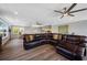 Spacious living room boasts ceiling fans, wood floors, recessed lighting and a large leather sofa at 601 2Nd St, Indian Rocks Beach, FL 33785
