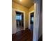 Hallway view with doors leading to a bathroom and bedroom, featuring wood-look flooring at 9907 Maggie St, Gibsonton, FL 33534