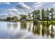 Scenic waterfront view with boat docks and mature trees lining the shore under a partly cloudy sky, reflecting on the water at 15012 Maurine Cove Ln, Odessa, FL 33556