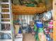 The interior of a wooden shed is filled with boxes, shelving, and a variety of stored items at 2160 Ne Coachman Rd, Clearwater, FL 33765