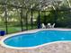 Screened-in pool area with lounge seating, fire pit, and beautiful landscaping providing a private retreat at 2435 Fox Forest Dr, Lutz, FL 33549