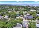 An aerial view displays the neighborhood and a glimpse of the water in the distance at 258 14Th Ne Ave, St Petersburg, FL 33701