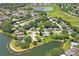 Aerial view of the property, nestled among trees and close to water, with a yellow arrow indicating location at 8405 Divot Way, Port Richey, FL 34668