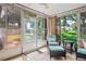 Cozy sunroom with tile flooring and wicker furniture offering peaceful views of the landscaped backyard at 8405 Divot Way, Port Richey, FL 34668