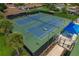 Aerial view of two pristine tennis courts and shaded seating area, perfect for a relaxing game at 1401 Camelot Ct, Palm Harbor, FL 34684