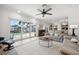 Bright and airy living room featuring a plush sofa, modern furniture, fireplace, and large sliding glass doors to the pool at 1424 47Th Ne Ave, St Petersburg, FL 33703