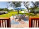 Backyard patio area with an outdoor dining set and a colorful outdoor rug at 2010 6Th Sw Ave, Largo, FL 33770