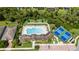 Aerial view of the community pool, bocce ball court, and tennis courts surrounded by lush greenery at 21008 Fetterbush Pl, Venice, FL 34293