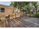 Wide wooden deck surrounded by wooden railing and lush landscaping, perfect for outdoor entertaining at 224 Georgia Ave, Crystal Beach, FL 34681