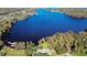 This aerial view showcases the beautiful lake and lush landscape surrounding this tranquil property at 2566 Lake Manor Dr, Land O Lakes, FL 34639