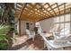 Inviting outdoor patio featuring brick pavers, pergola, and comfortable seating for relaxing and entertaining at 2900 W Estrella St, Tampa, FL 33629